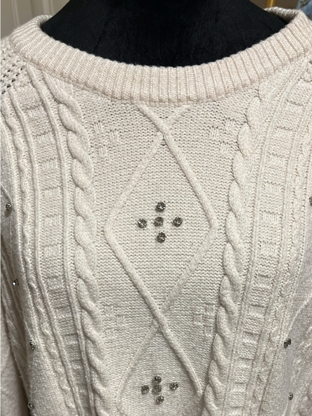Crewneck Cable Knit Sweater in Cream with Embellished Accents